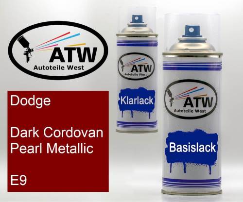 Dodge, Dark Cordovan Pearl Metallic, E9: 400ml Sprühdose + 400ml Klarlack - Set, von ATW Autoteile West.